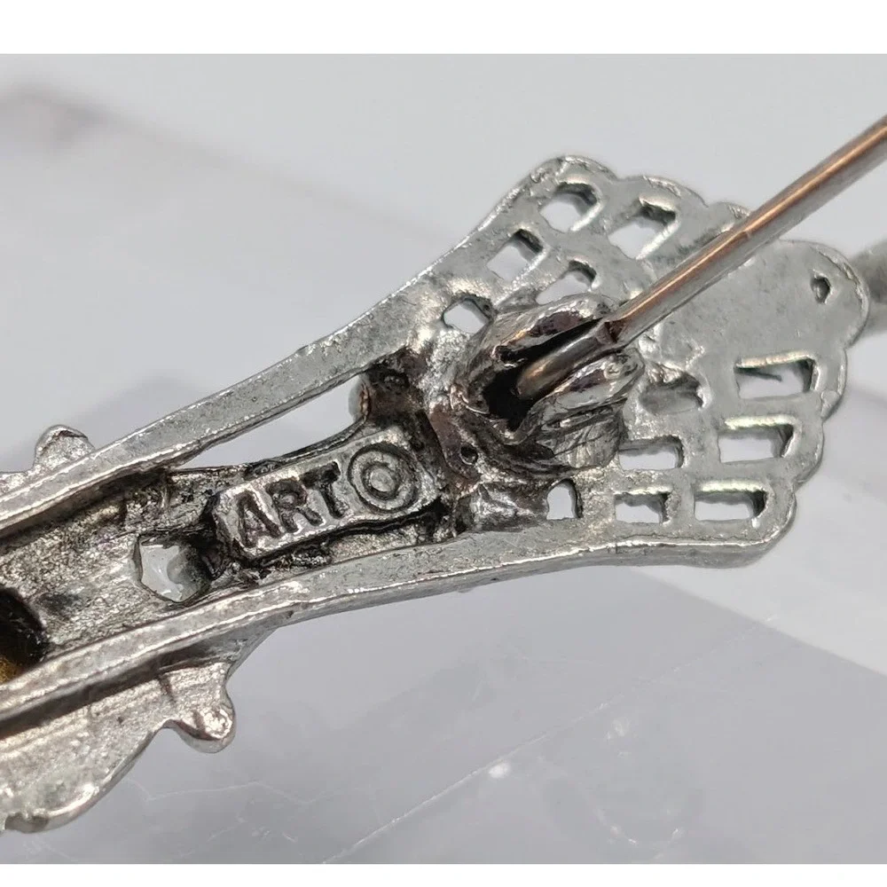 Vintage ART Filigree Bar Pin Blue Cabochon Brooch Silver Tone Victorian Revival